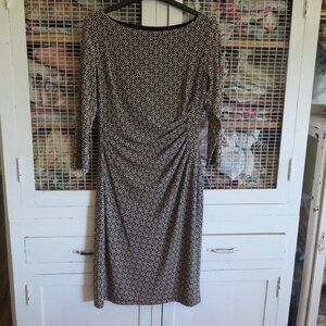 Cream & Brown Ralph Lauren Sheath Dress Side Cinched Stretchy Dress 10 DateNight